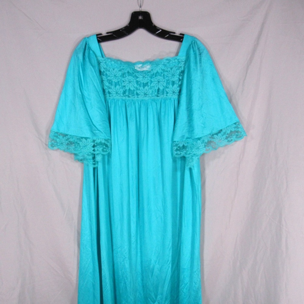 VTG KOMAR Teal NYLON Sheer Floral Lace FLUTTER SLEEVES /Lounge NIGHTGOWN Sz M